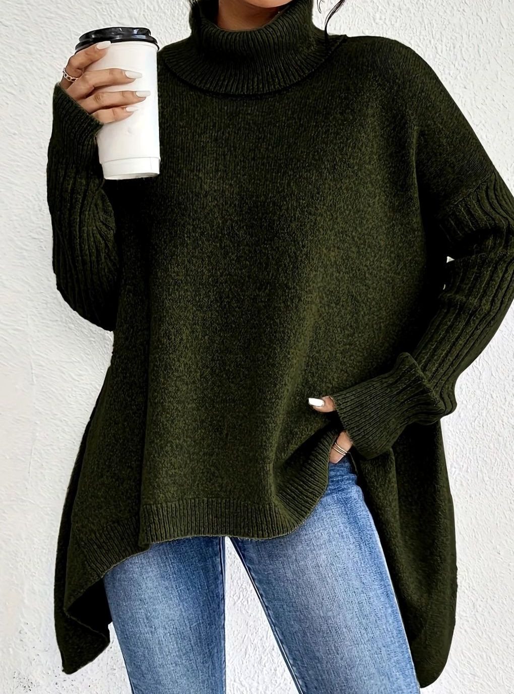 Women's Oversized Cashmere Turtleneck Knit Sweater - Dark Green