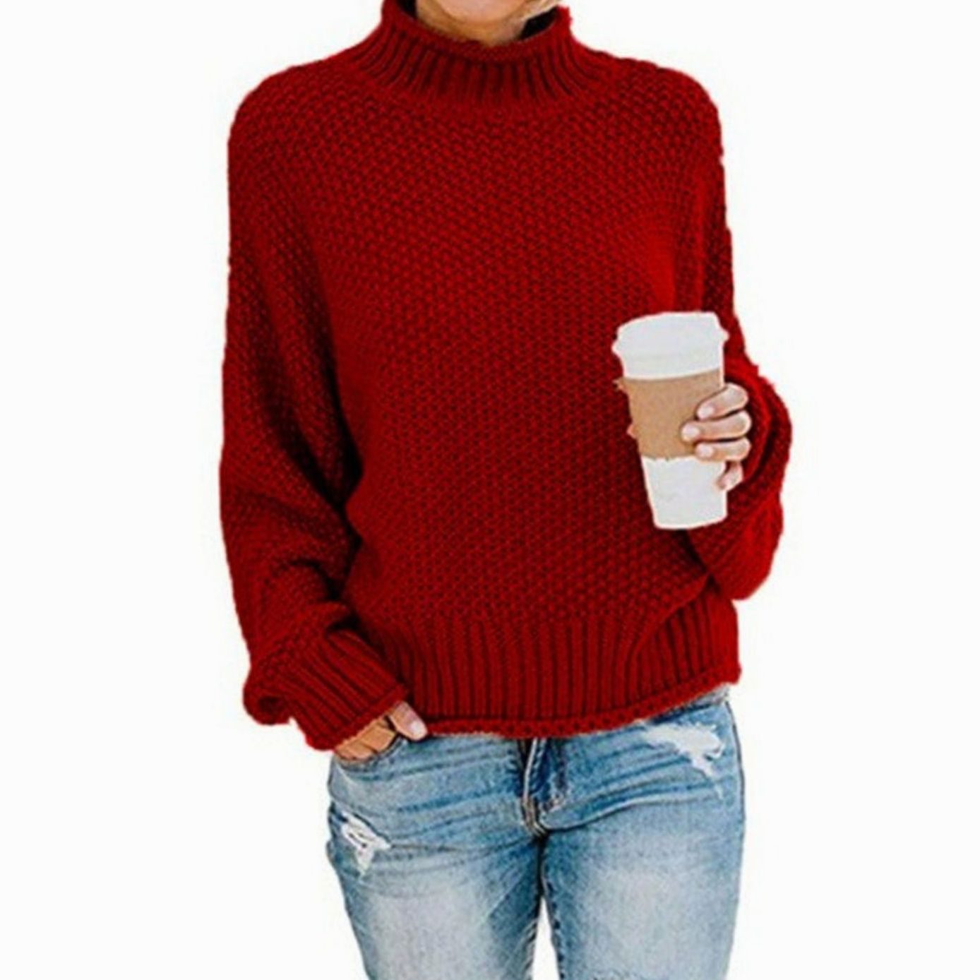 Women's Oversized Chunky Knit Turtleneck Sweater - Red