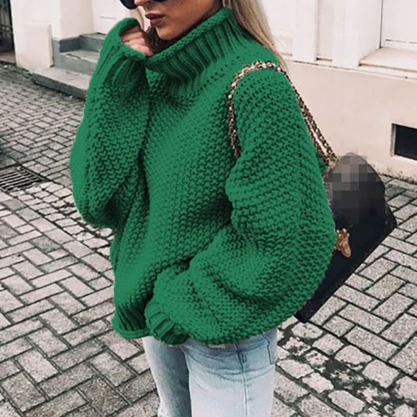 Women's Oversized Chunky Knit Turtleneck Sweater - Green