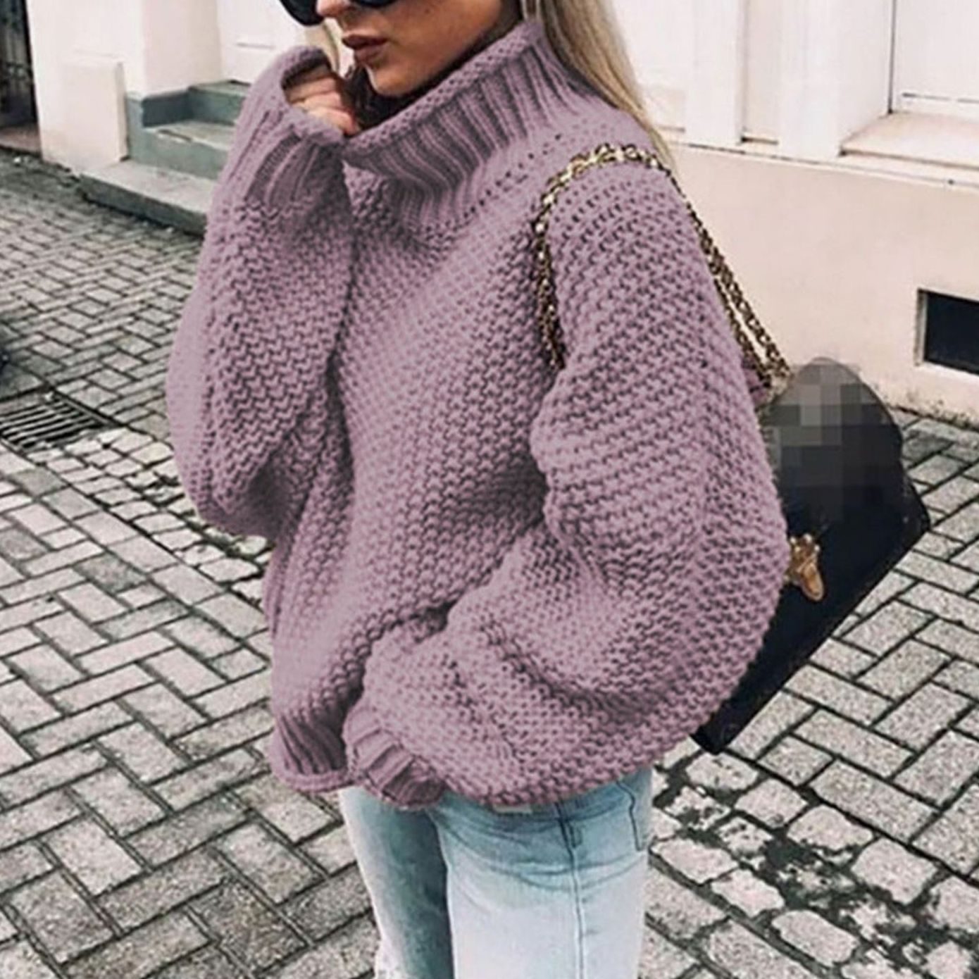Women's Oversized Chunky Knit Turtleneck Sweater - Purple