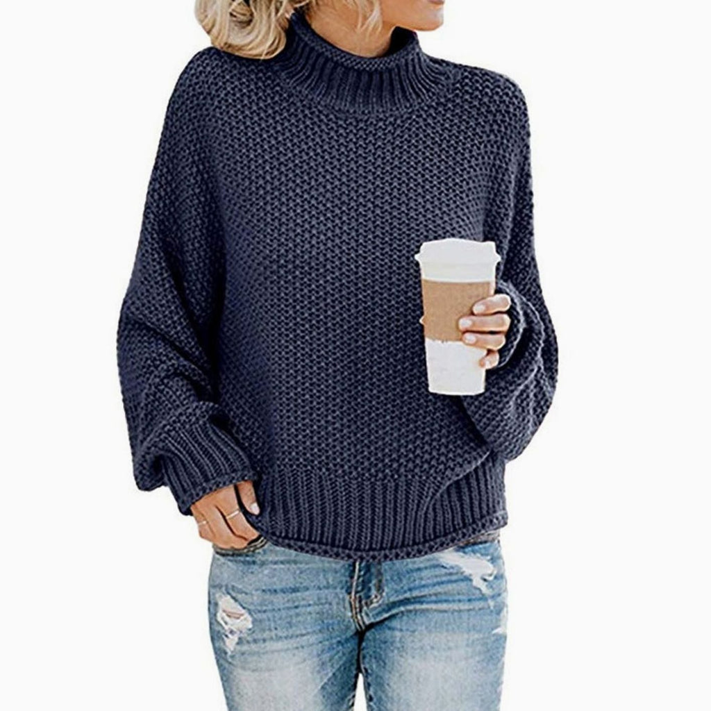 Women's Oversized Chunky Knit Turtleneck Sweater - Navy Blue