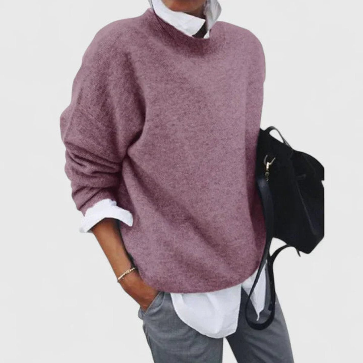 Women's Oversized Crew Neck Long Sleeve Knit Sweater - Pink