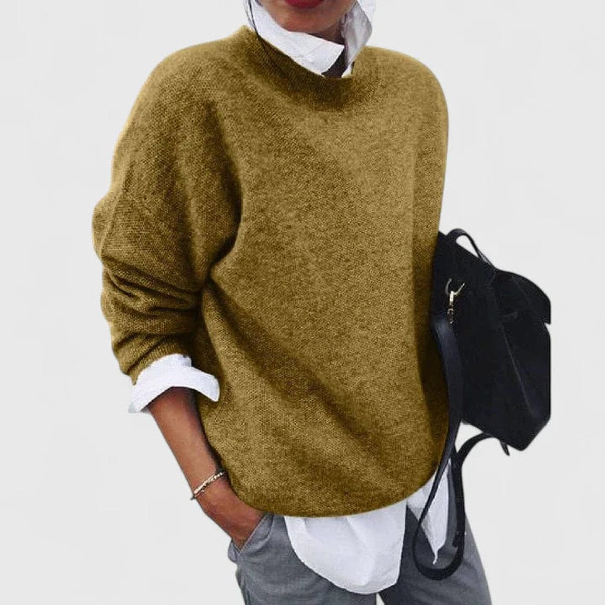 Women's Oversized Crew Neck Long Sleeve Knit Sweater - Khaki