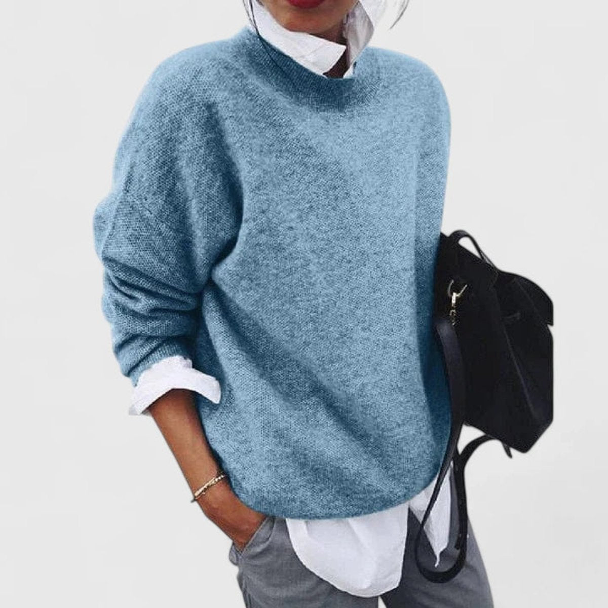 Women's Oversized Crew Neck Long Sleeve Knit Sweater - Blue