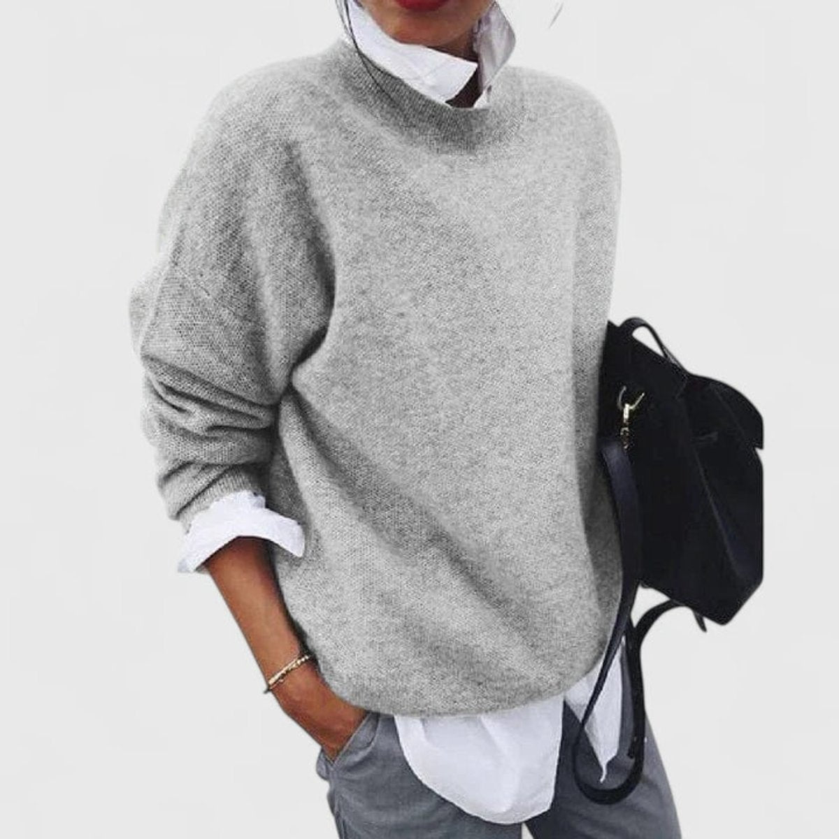 Women's Oversized Crew Neck Long Sleeve Knit Sweater - Gray