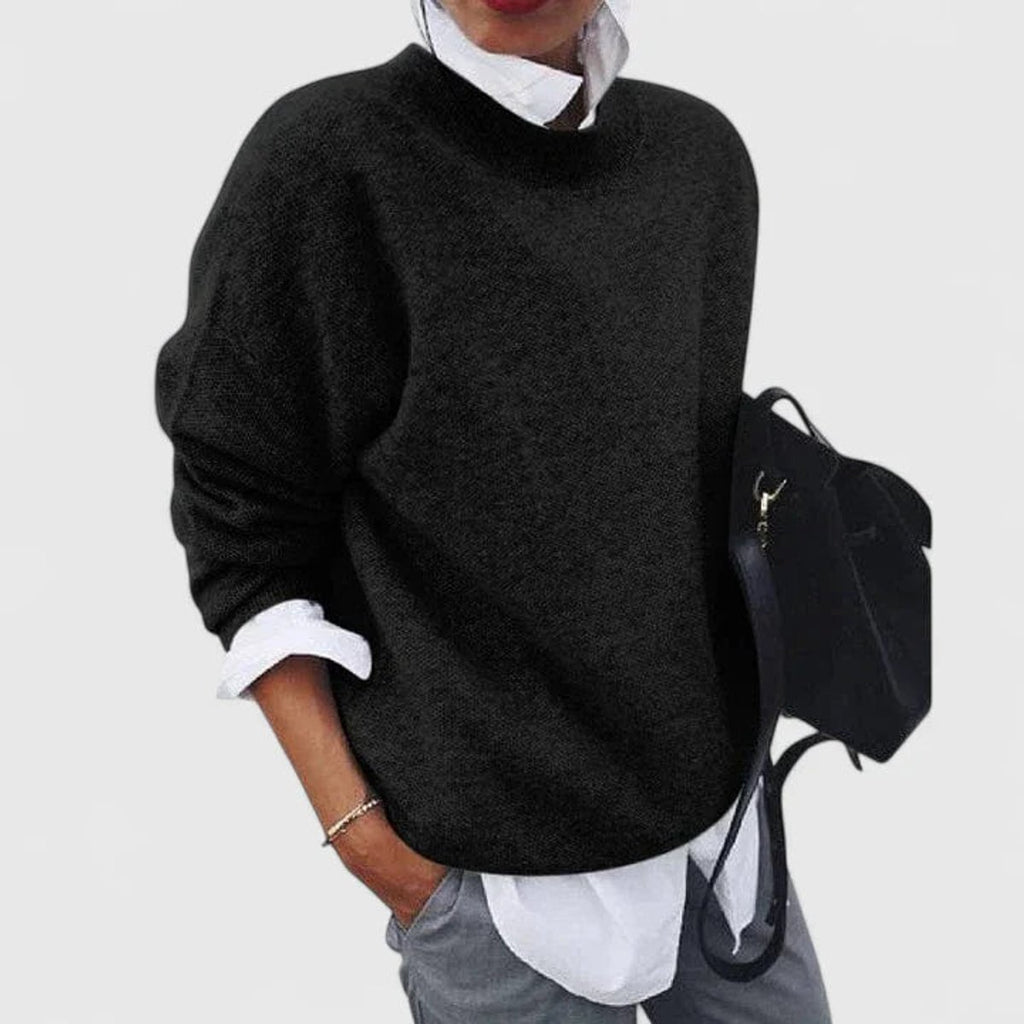 Women's Oversized Crew Neck Long Sleeve Knit Sweater - Black