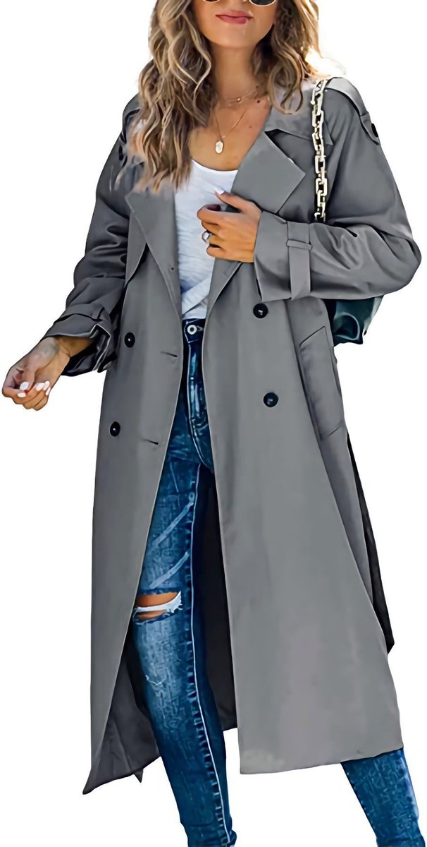 Women's Oversized Double-Breasted Belted Trench Coat - Gray