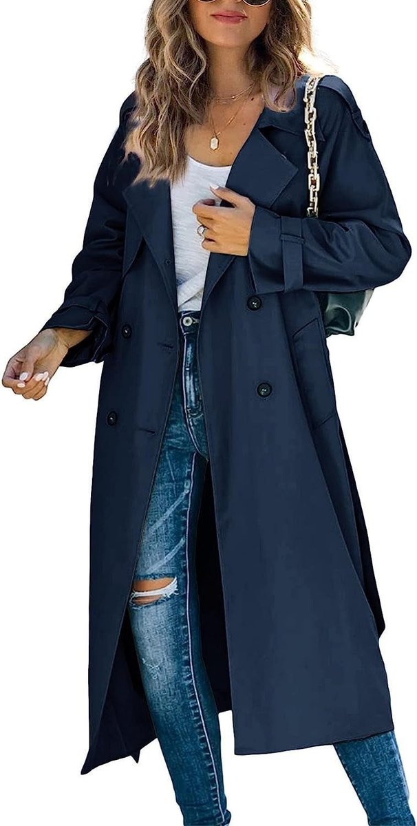 Women's Oversized Double-Breasted Belted Trench Coat - Navy Blue