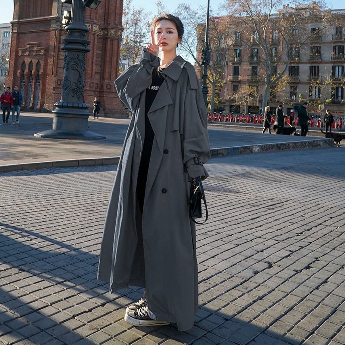 Women's Oversized Double-Breasted Long Trench Coat