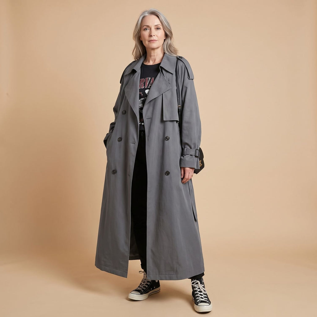 Women's Oversized Double-Breasted Long Trench Coat, Gray
