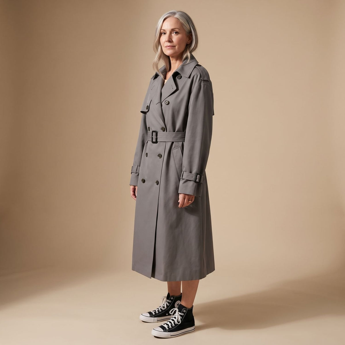 Women's Oversized Double-Breasted Long Trench Coat, Gray
