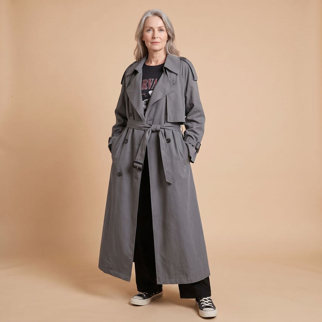 Women's Oversized Double-Breasted Long Trench Coat, Gray