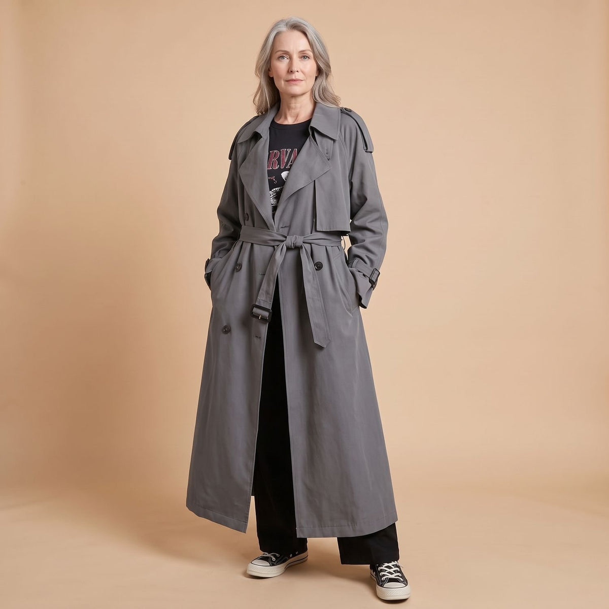 Women's Oversized Double-Breasted Long Trench Coat, Gray