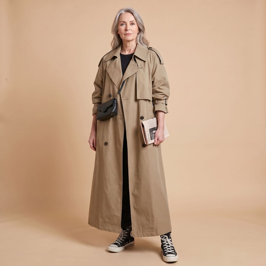 Women's Oversized Double-Breasted Long Trench Coat, Gray