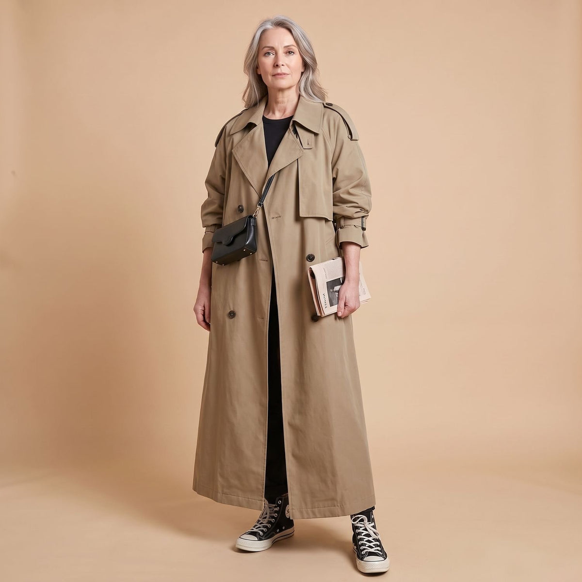 Women's Oversized Double-Breasted Long Trench Coat, Gray
