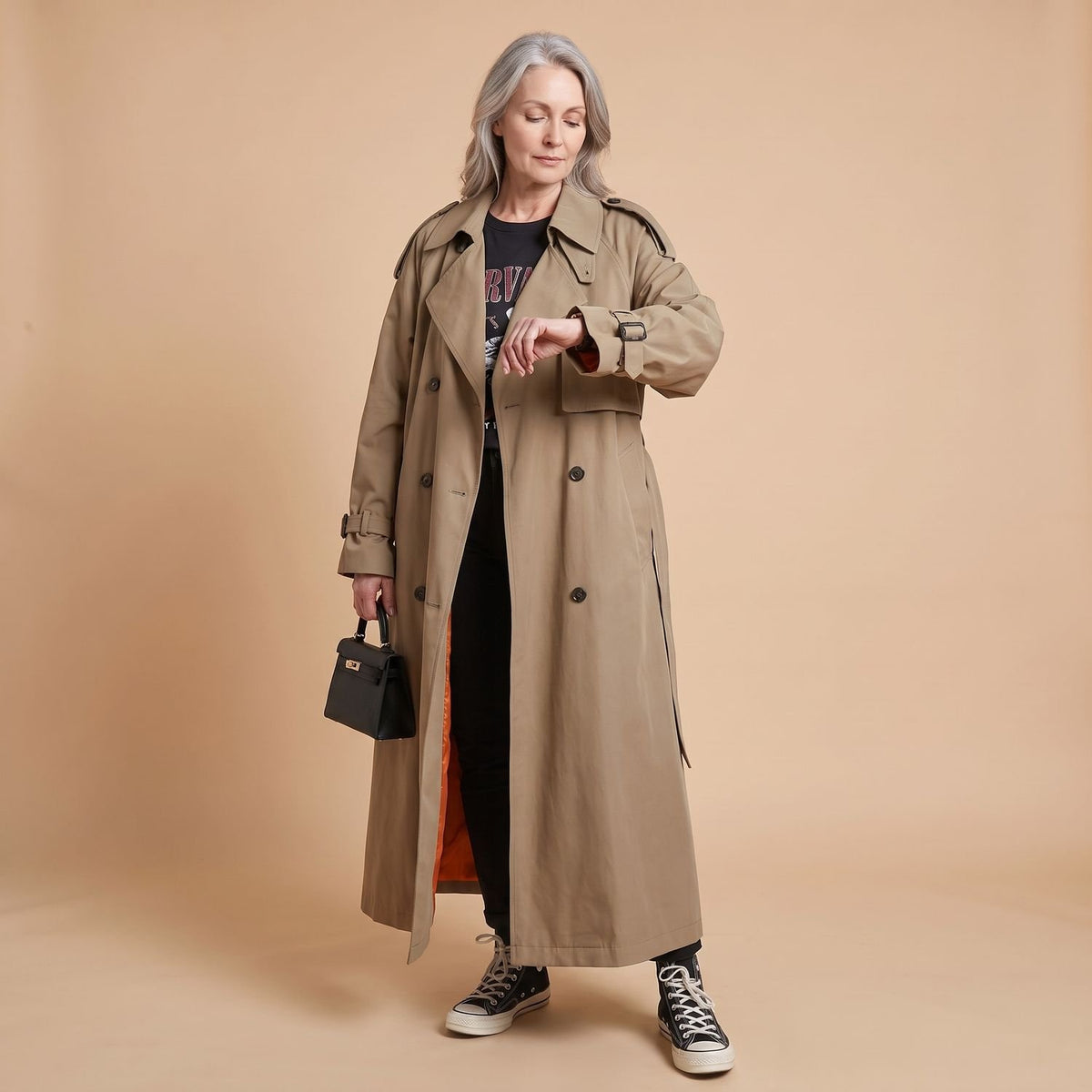 Women's Oversized Double-Breasted Long Trench Coat, Gray