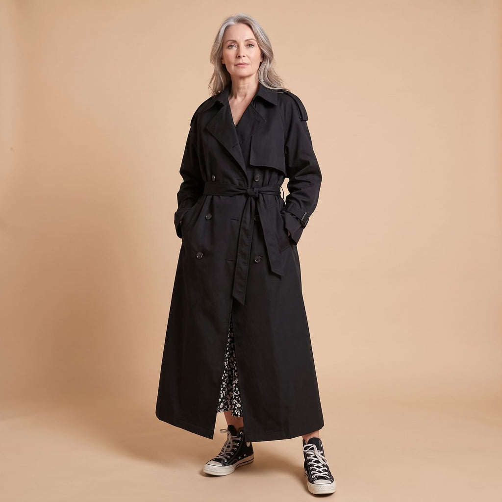 Women's Oversized Double-Breasted Long Trench Coat, Gray