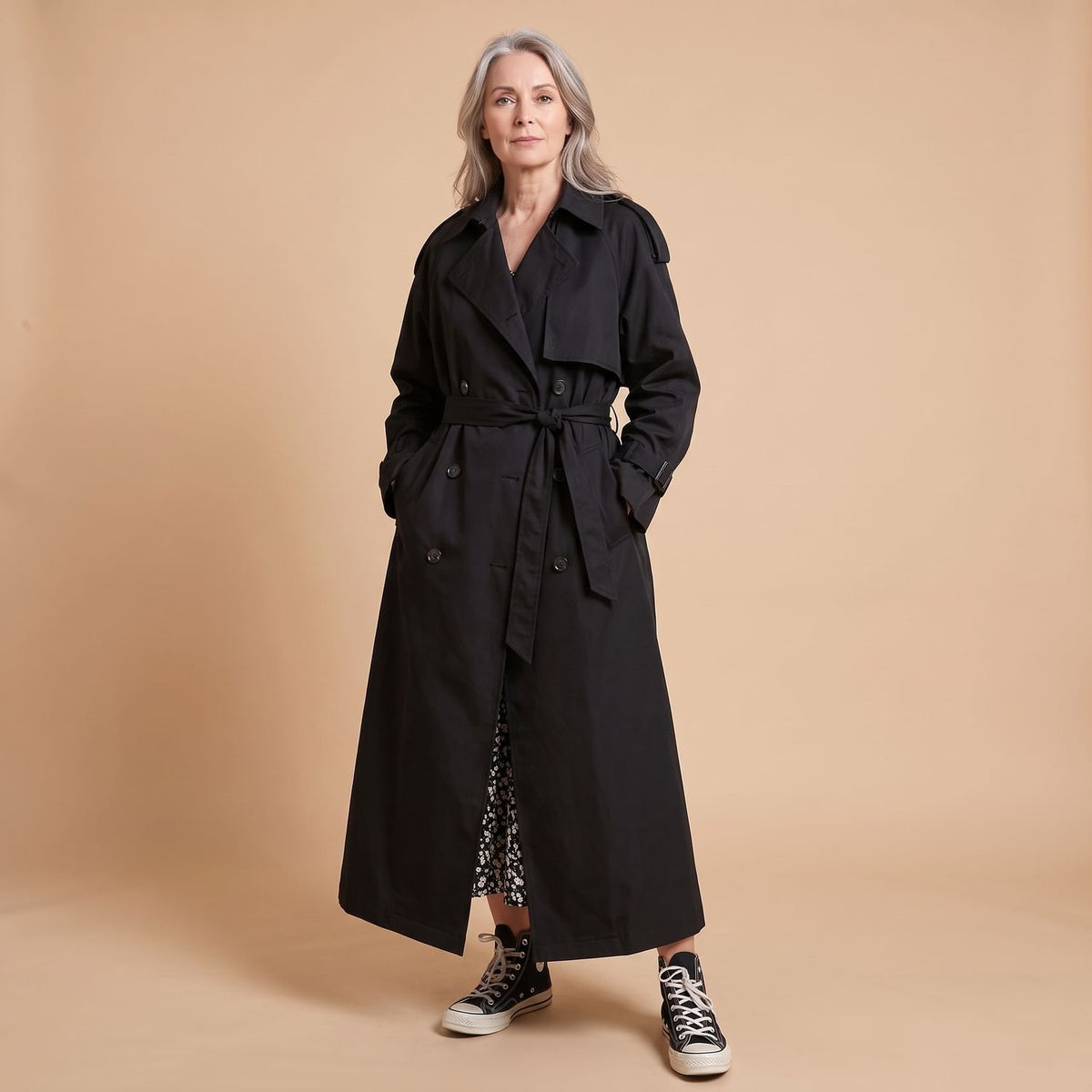 Women's Oversized Double-Breasted Long Trench Coat, Gray