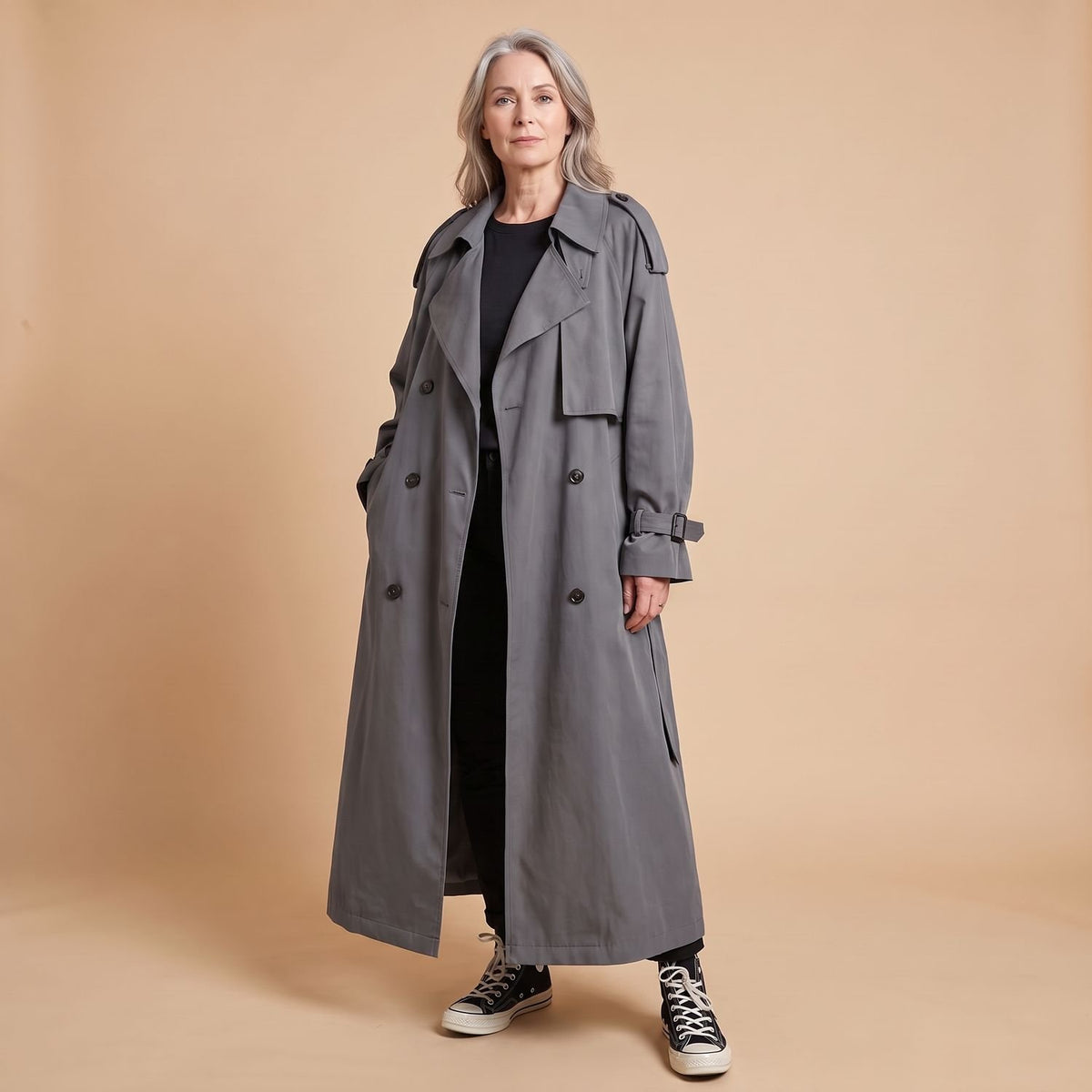 Women's Oversized Double-Breasted Long Trench Coat, Gray - Gray