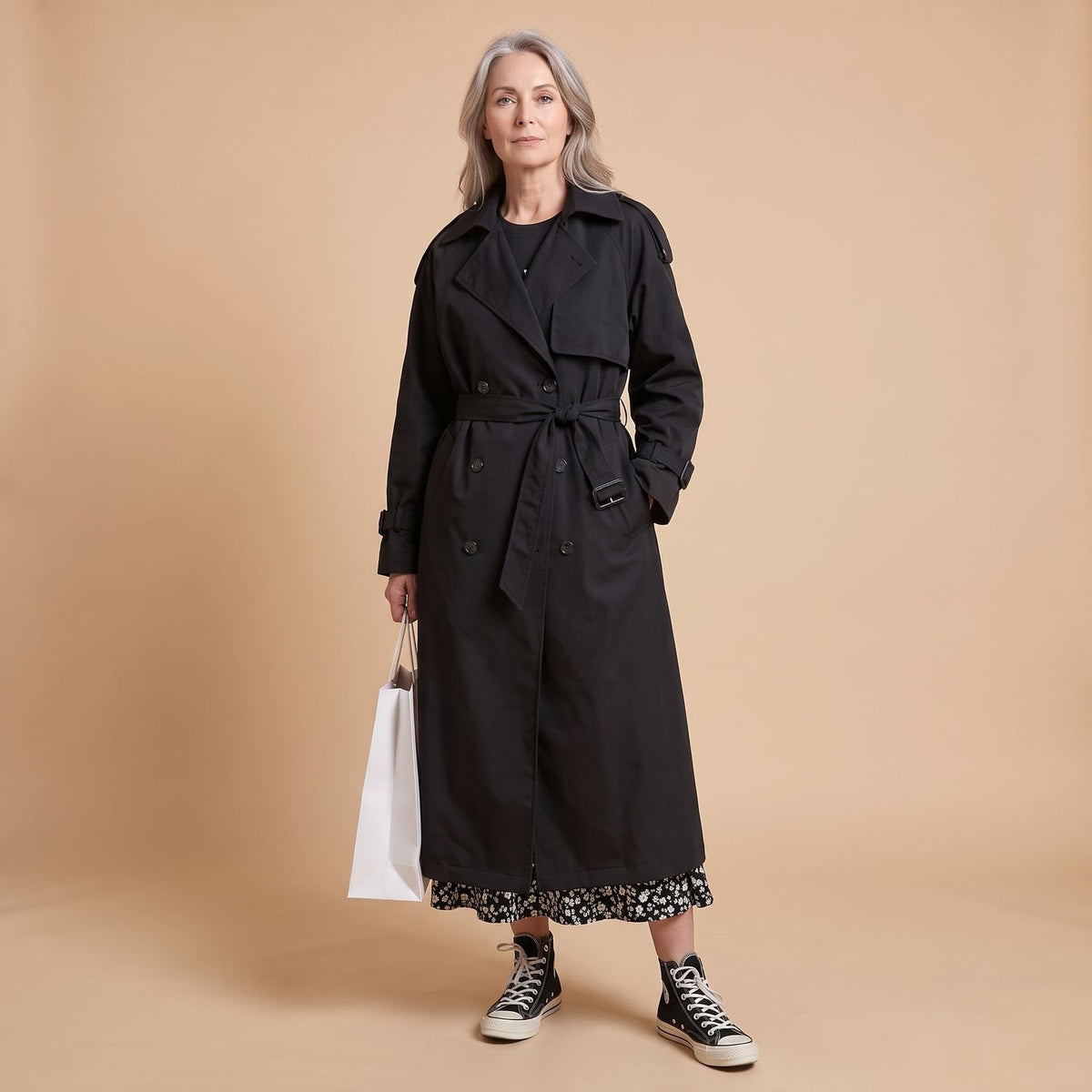 Women's Oversized Double-Breasted Long Trench Coat, Gray - Black