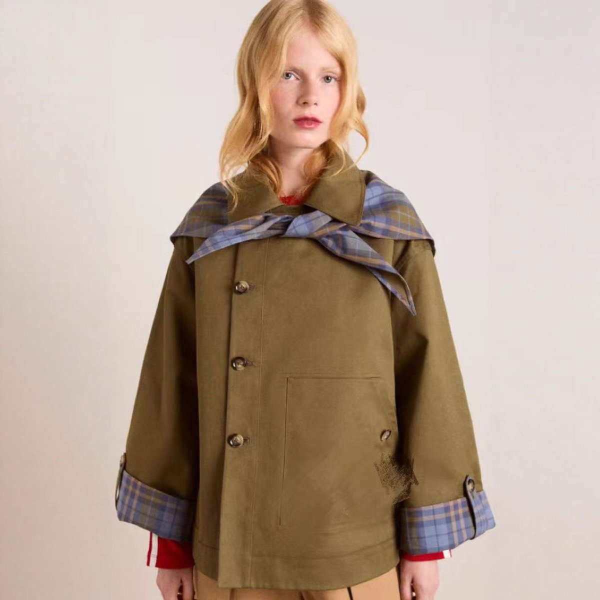 Women's Oversized Double-Breasted Plaid-Lined Trench Coat
