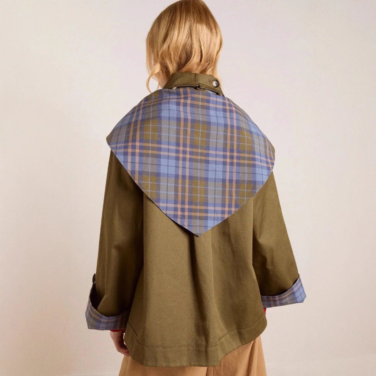 Women's Oversized Double-Breasted Plaid-Lined Trench Coat