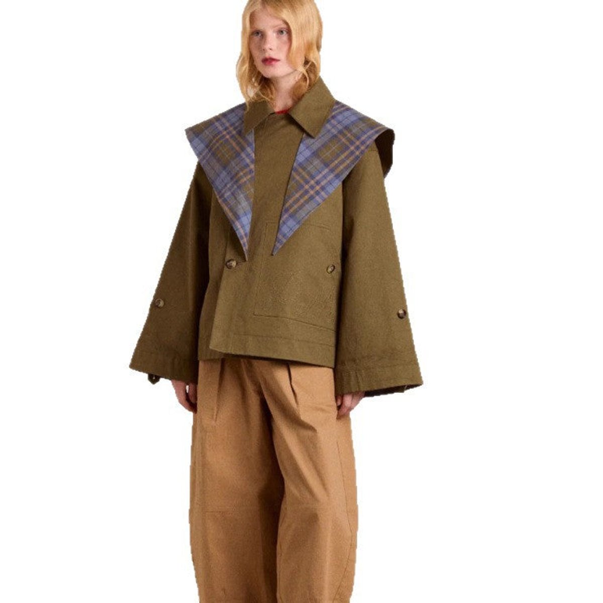 Women's Oversized Double-Breasted Plaid-Lined Trench Coat