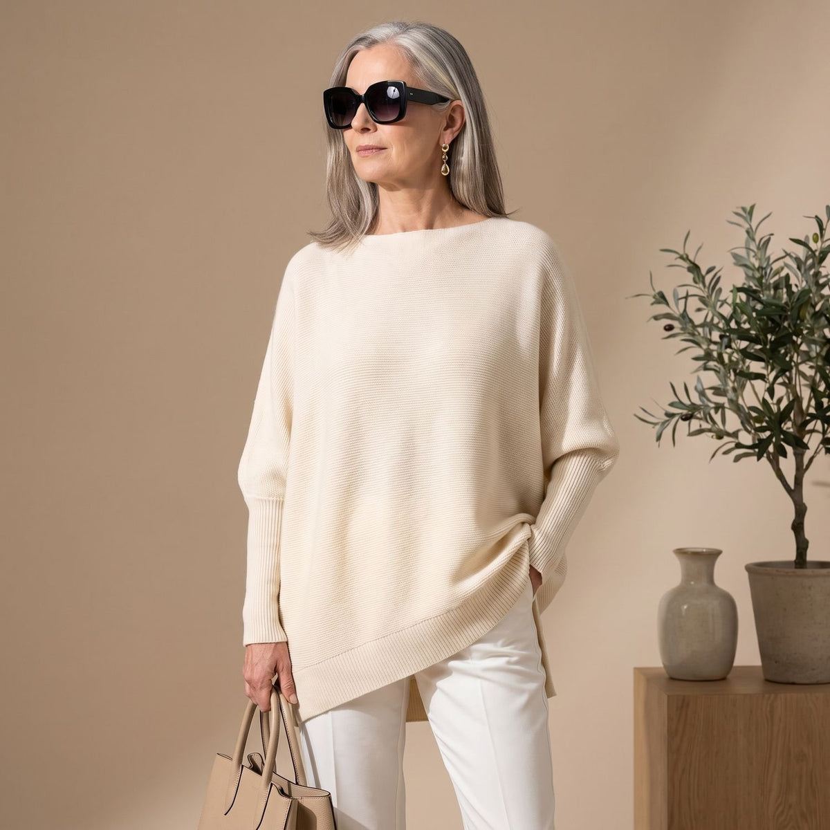 Women's Oversized Draped Knitted Pullover Sweater - Beige