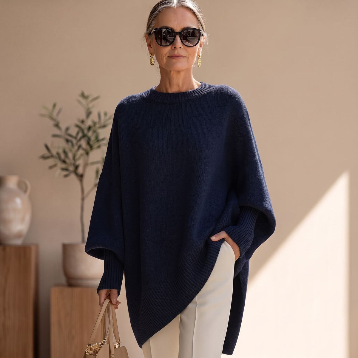 Women's Oversized Draped Knitted Pullover Sweater - Navy Blue