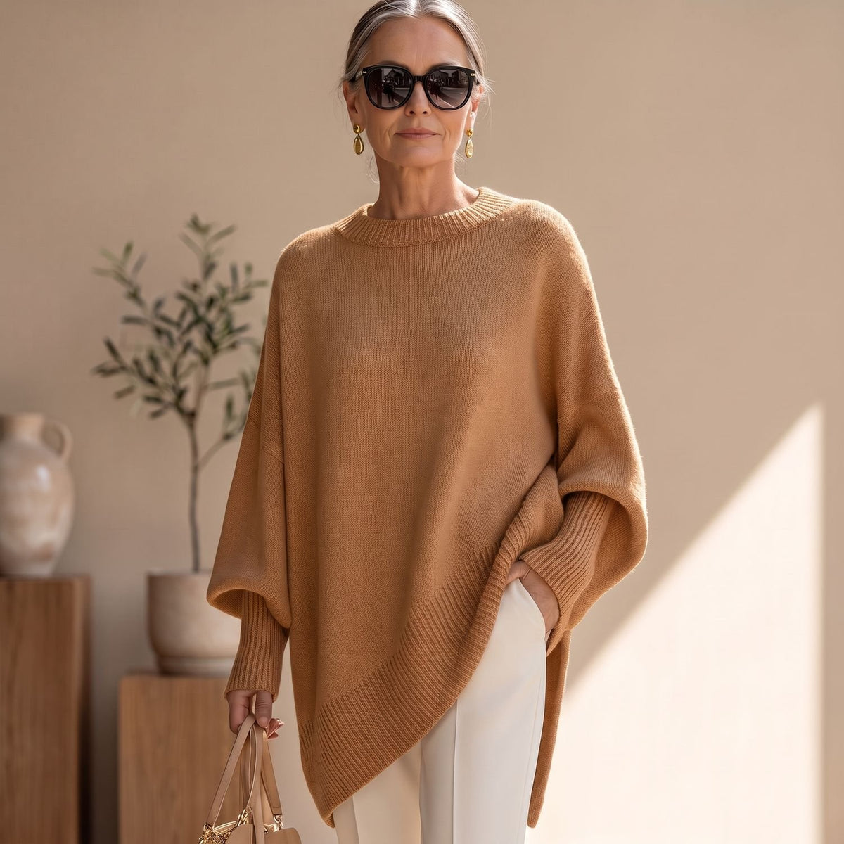Women's Oversized Draped Knitted Pullover Sweater - Caramel