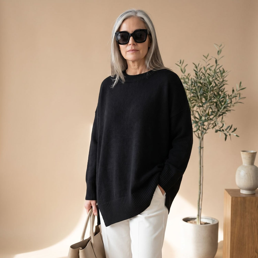 Women's Oversized Draped Knitted Pullover Sweater - Black