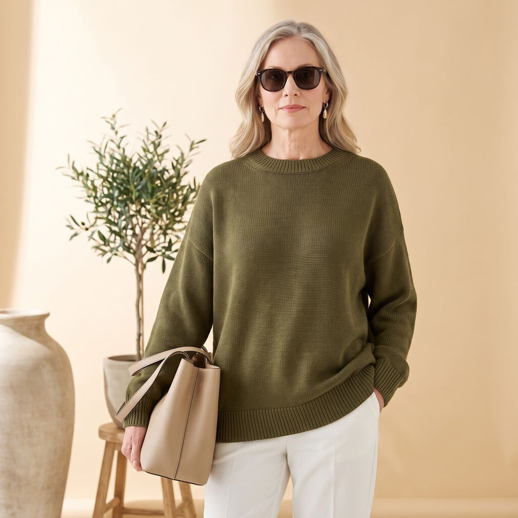 Women's Oversized Draped Knitted Pullover Sweater - Olive Green
