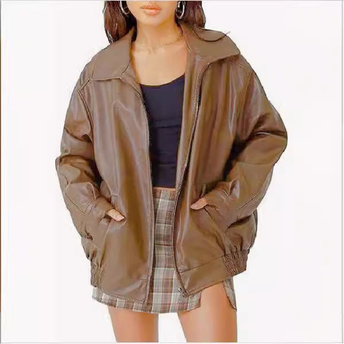Women's Oversized Faux Leather Bomber Jacket Zip-Up - Camel