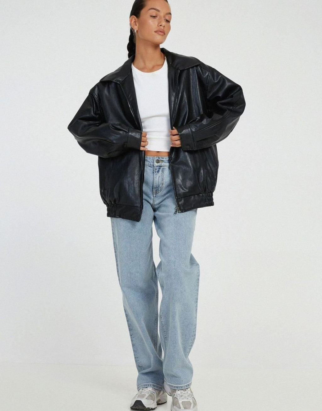 Women's Oversized Faux Leather Bomber Jacket Zip-Up - Black