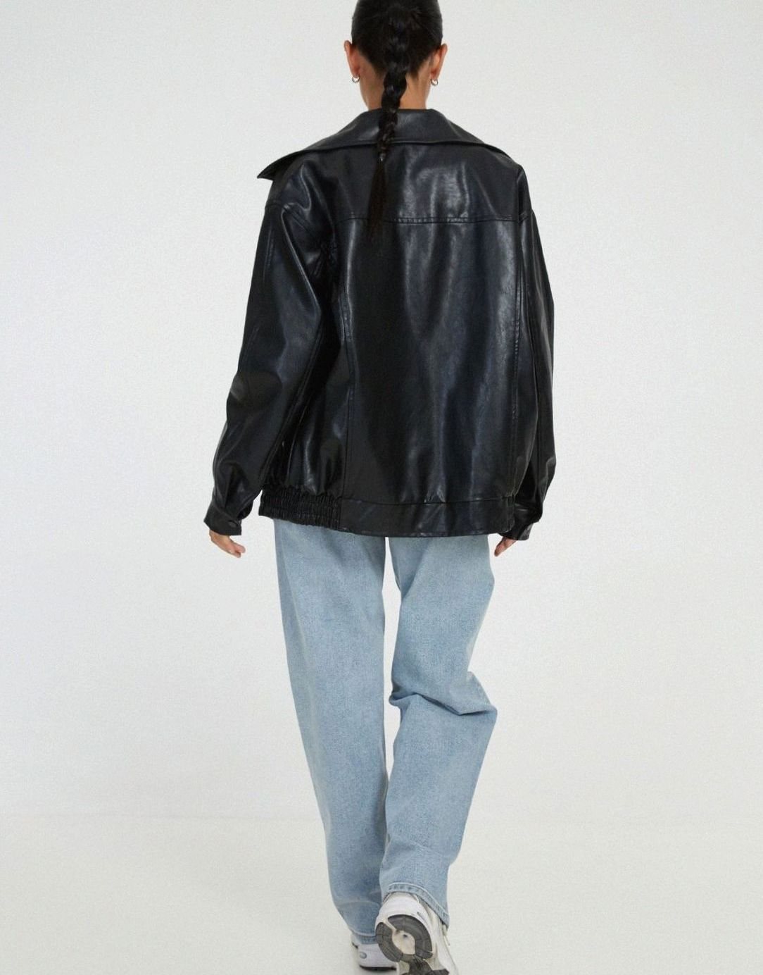 Women's Oversized Faux Leather Bomber Jacket Zip-Up