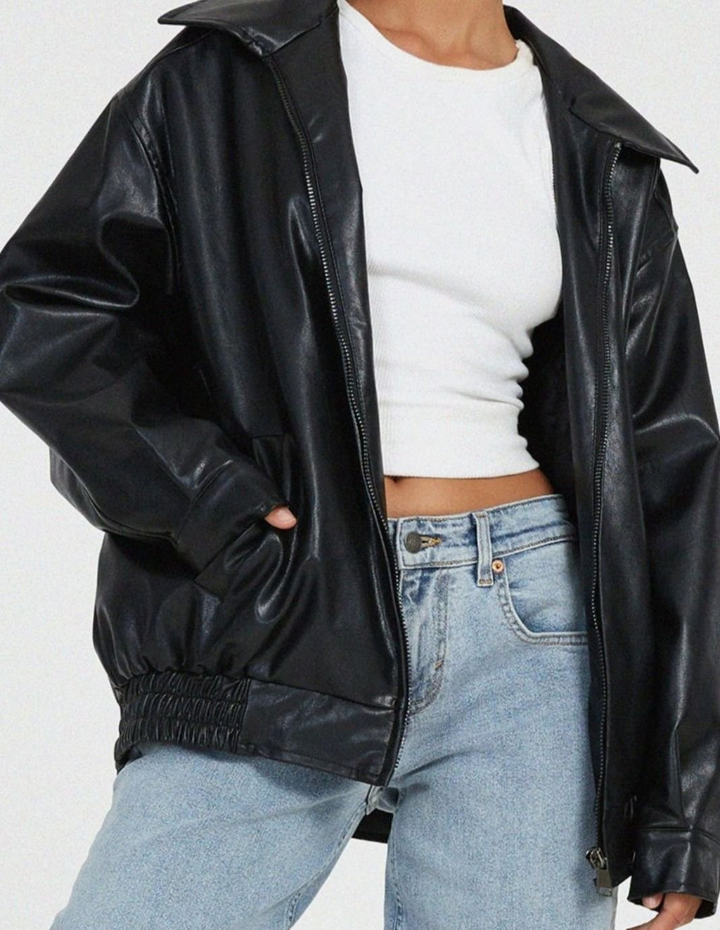 Women's Oversized Faux Leather Bomber Jacket Zip-Up