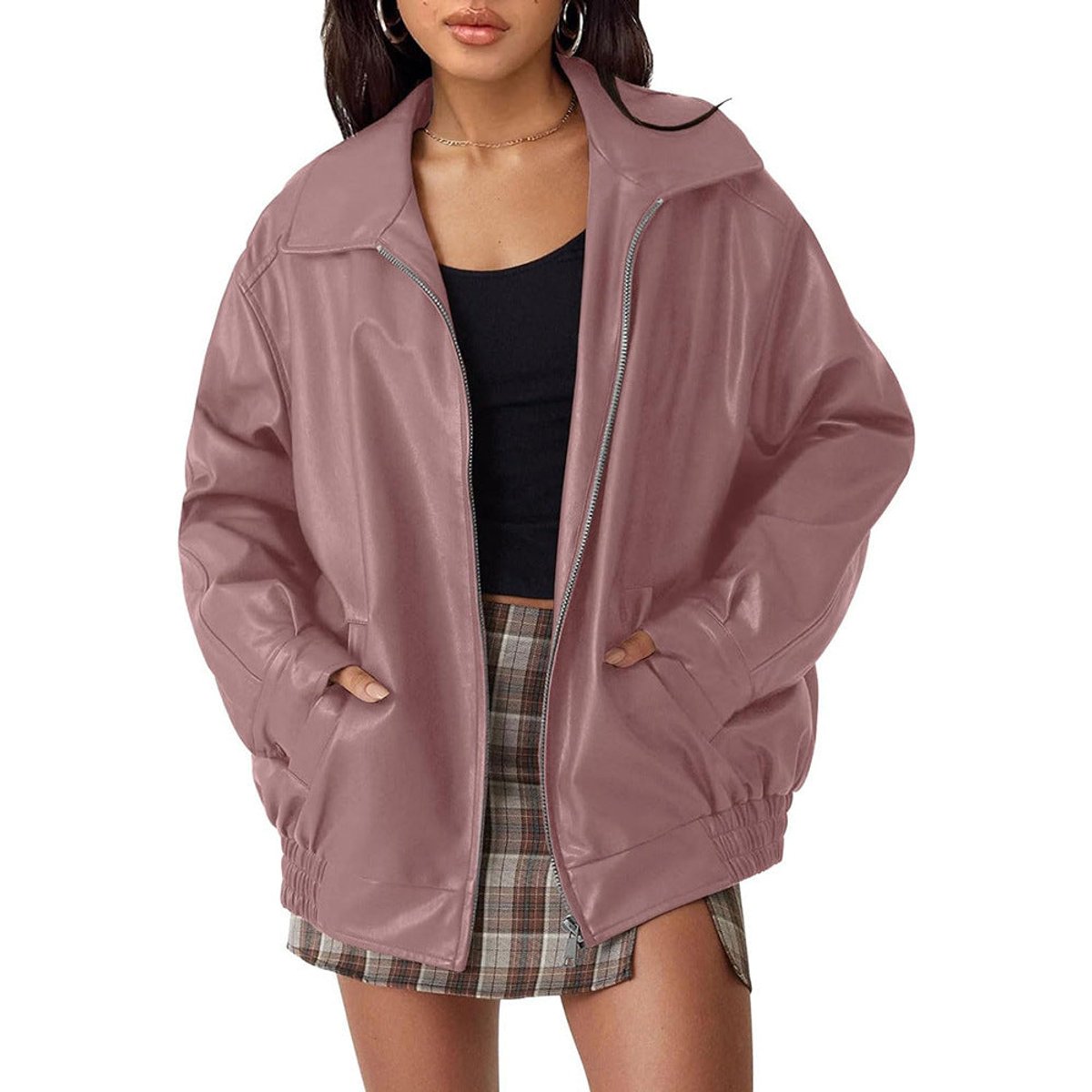 Women's Oversized Faux Leather Bomber Jacket Zip-Up - Deep Rose