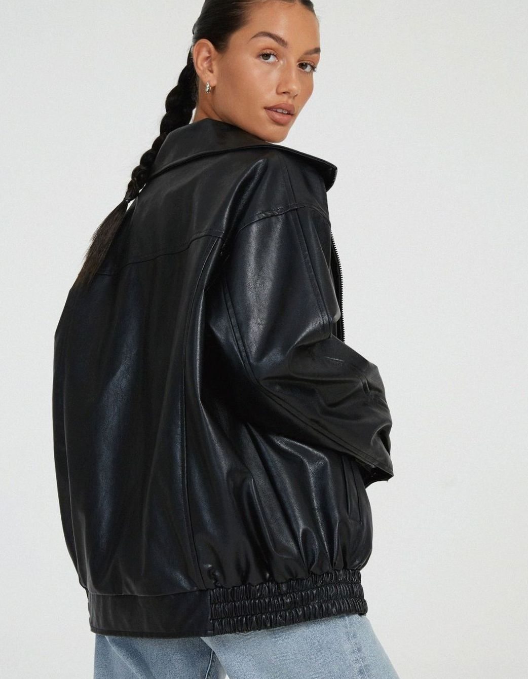 Women's Oversized Faux Leather Bomber Jacket Zip-Up