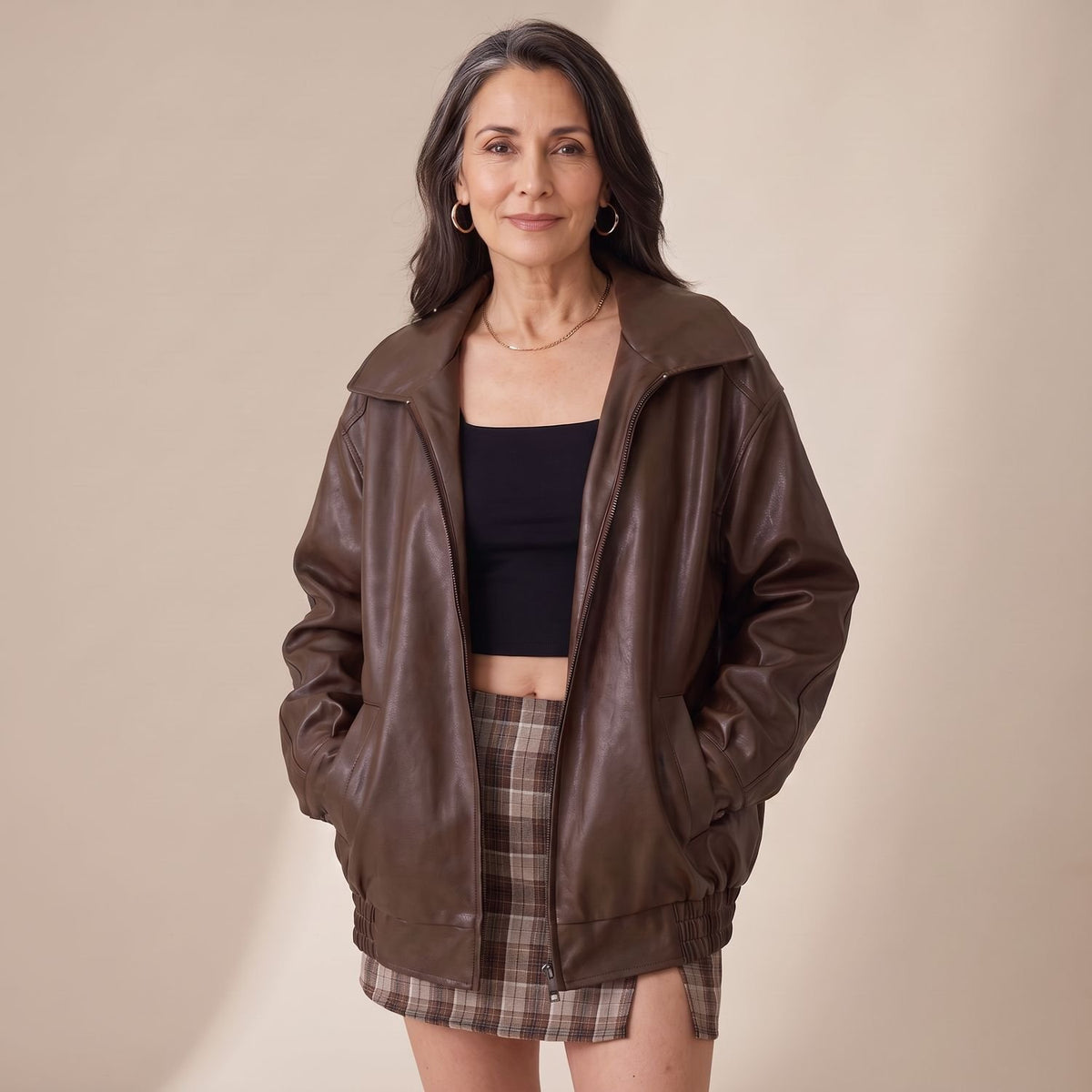 Women's Oversized Faux Leather Bomber Jacket Zip-Up, Dark Brown