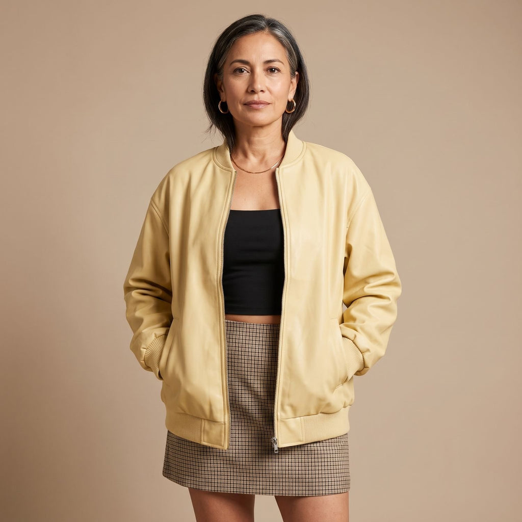 Women's Oversized Faux Leather Bomber Jacket Zip-Up, Dark Brown - Apricot
