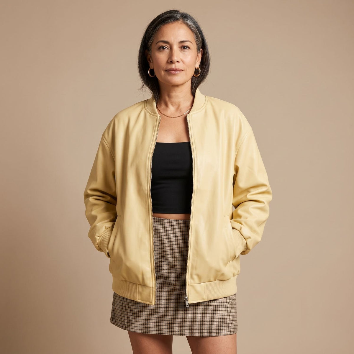 Women's Oversized Faux Leather Bomber Jacket Zip-Up, Dark Brown - Apricot