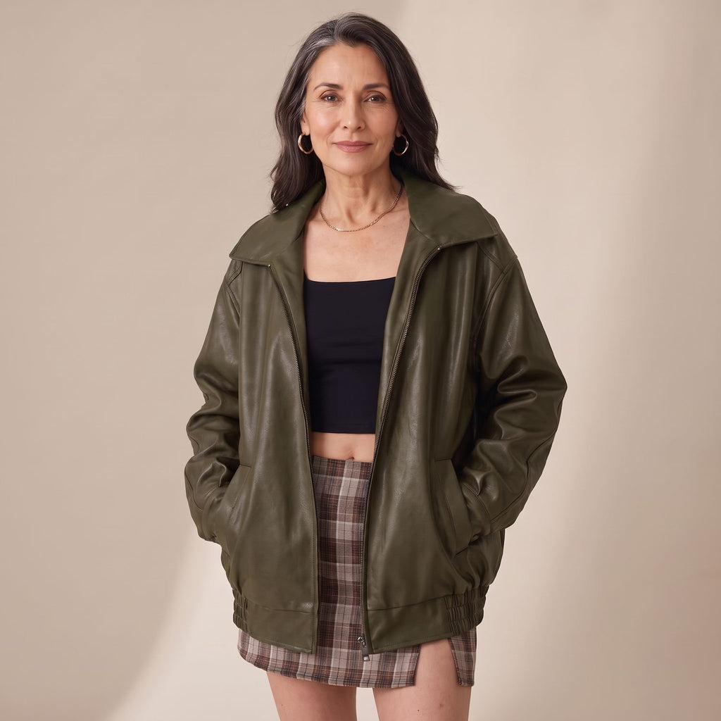 Women's Oversized Faux Leather Bomber Jacket Zip-Up, Dark Brown