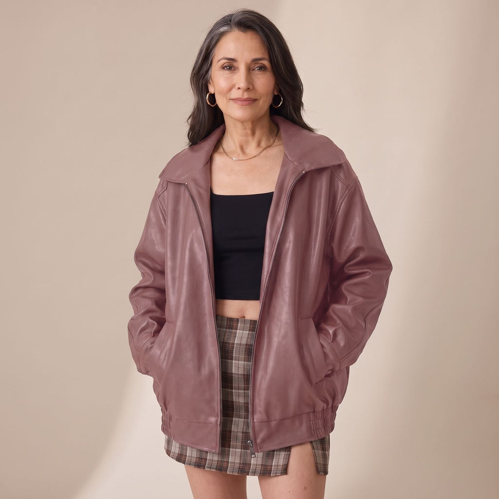 Women's Oversized Faux Leather Bomber Jacket Zip-Up, Dark Brown