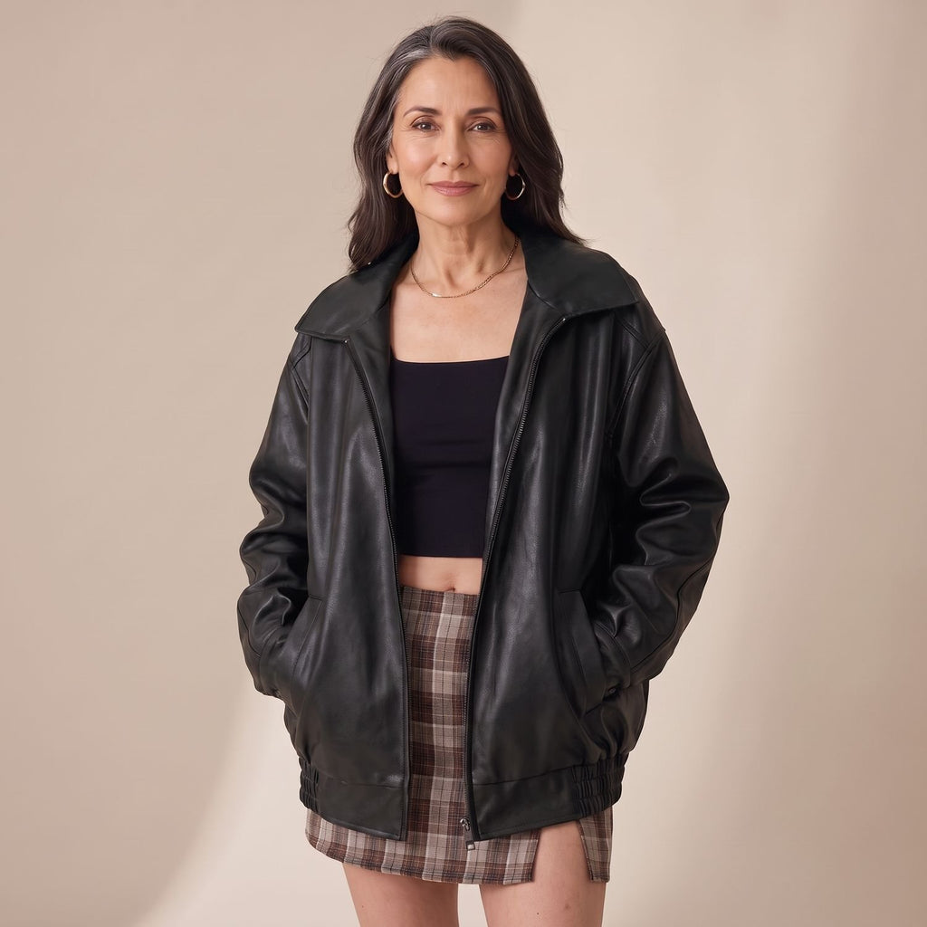 Women's Oversized Faux Leather Bomber Jacket Zip-Up, Dark Brown