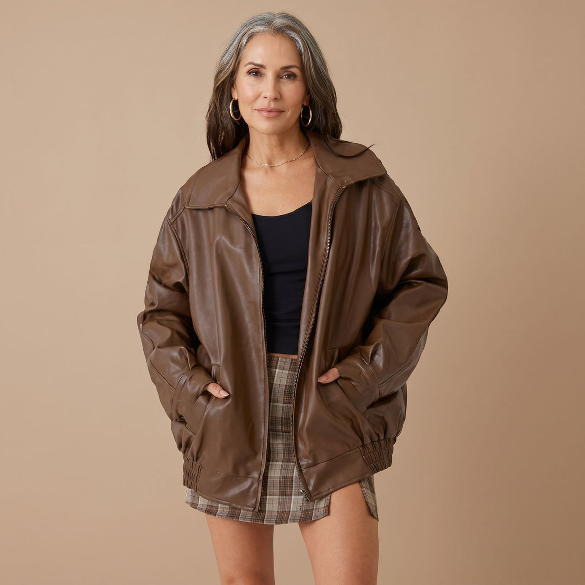 Women's Oversized Faux Leather Bomber Jacket Zip-Up, Dark Brown - Camel
