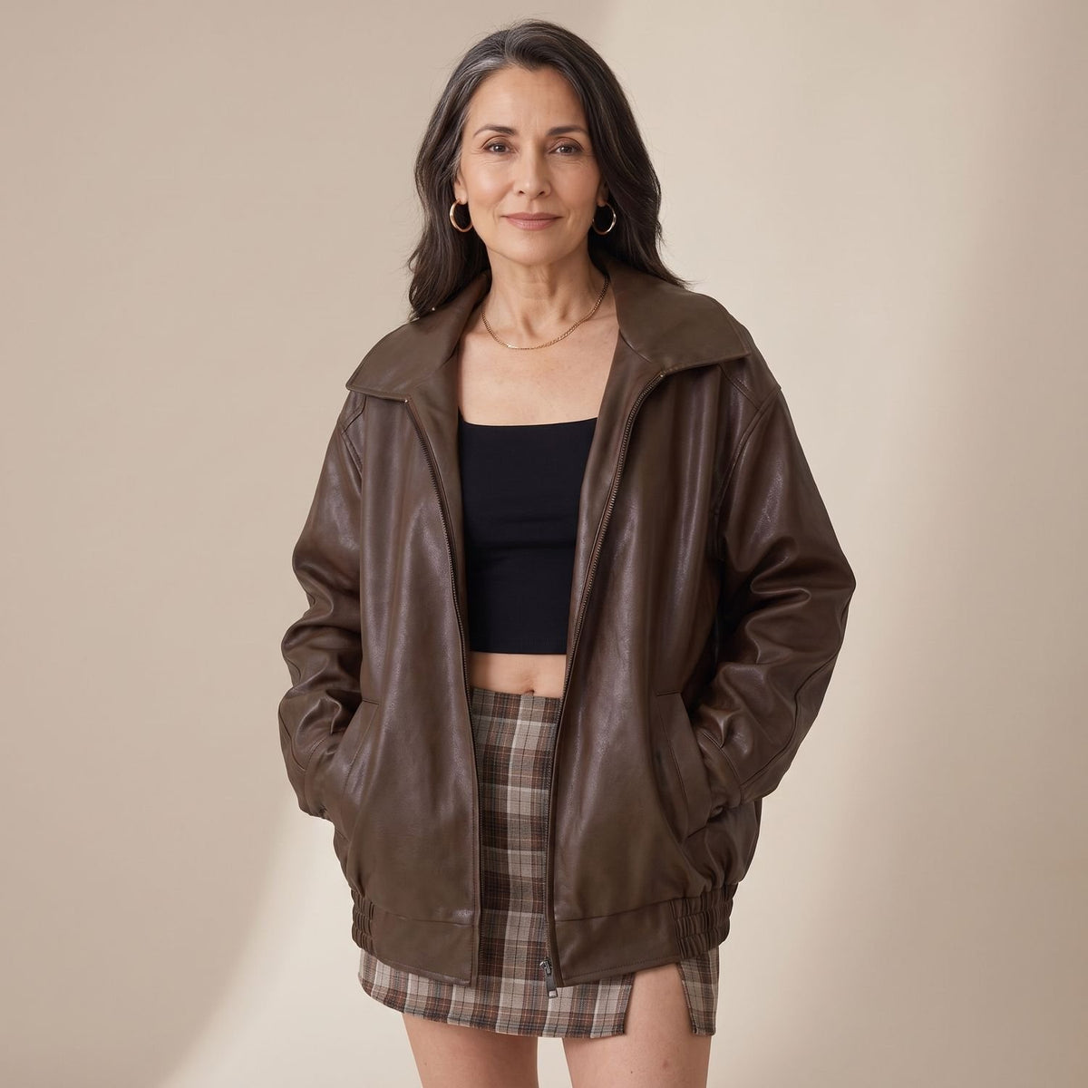 Women's Oversized Faux Leather Bomber Jacket Zip-Up, Dark Brown - Dark Brown