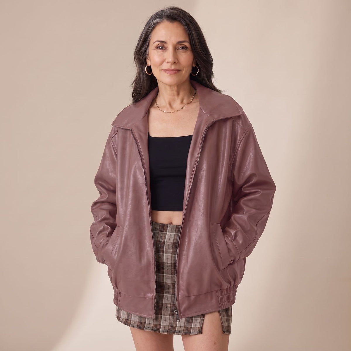 Women's Oversized Faux Leather Bomber Jacket Zip-Up, Dark Brown - Deep Rose