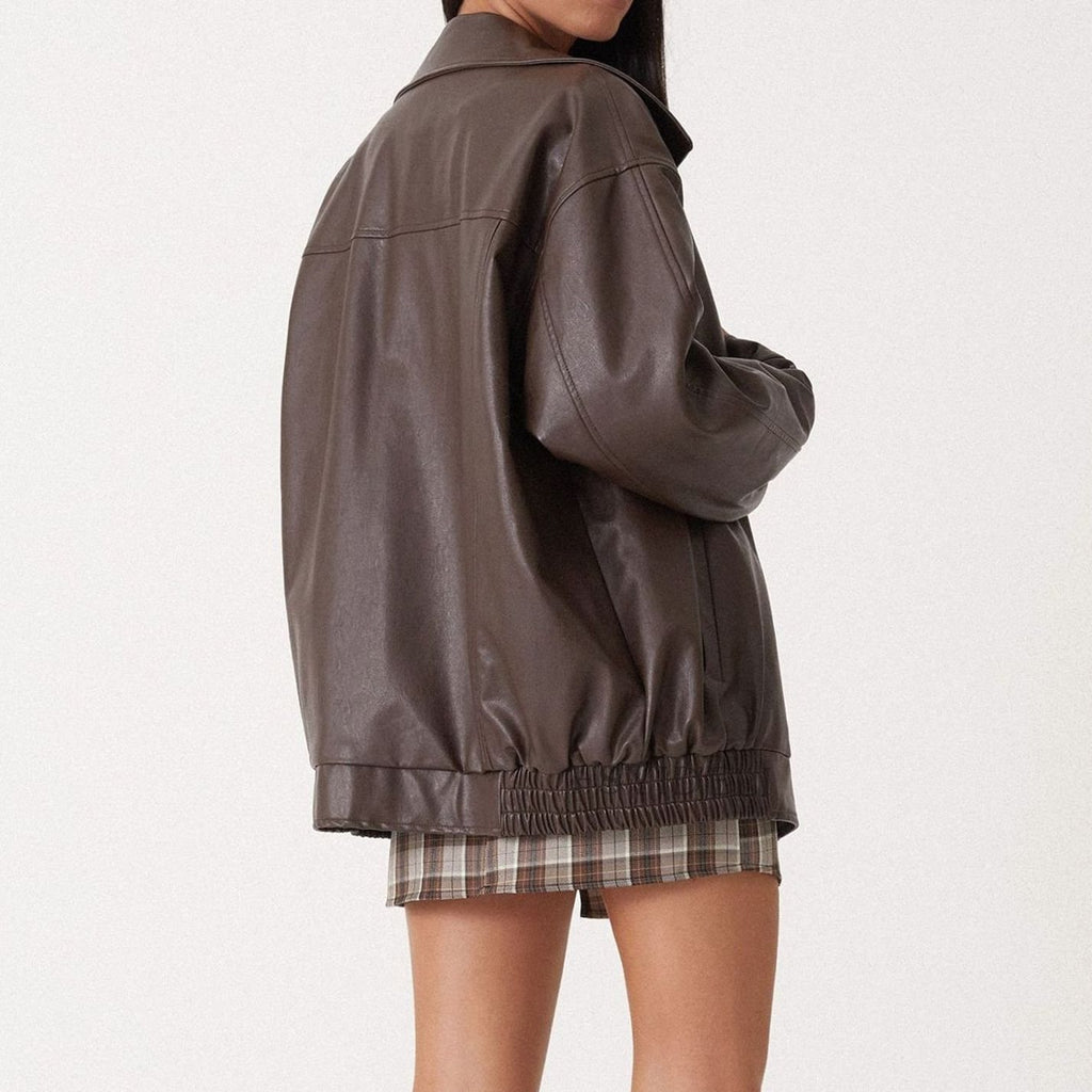 Women's Oversized Faux Leather Zip-Up Trendy Jacket