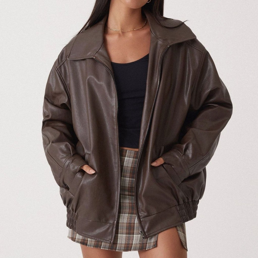 Women's Oversized Faux Leather Zip-Up Trendy Jacket