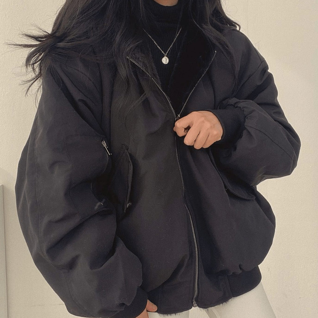 Women's Oversized Fleece-Lined Zip-Up Winter Jacket - Black